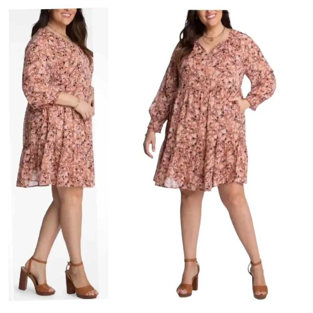 NWT Adyson Parker Floral Tiered Puff Long Sleeve Dress Sz 1X Cedarwood Combo